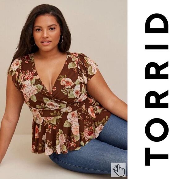 NWT TORRID STRETCH MESH SURPLICE RUFFLE SLEEVE TOP SIZE 3X - Picture 1 of 5